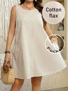 SHEIN LUNE 大码无袖纯色圆领夏季时尚连衣裙，波西米亚风女装，节日优雅装扮，A 字裙，女士夏季服装，亚麻连衣裙，亚麻面料，实用口袋，迷你裙，纯色，端庄连衣裙，女士纯色简约休闲日常迷你裙，简约女装，通勤简约办公室复古风衬衫，浪漫优雅，优雅时尚的通勤装，母亲节