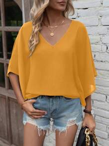 EMERY ROSE Camisa casual holgada para mujer de verano, de unicolor, con cuello en V y mangas tipo murciélago - Amarillo - Ver 4