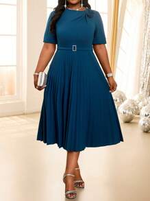 Fleurora  Spring And Summer Casual Blue Elegant Boho Knitted Round Neck Flared Flounce Sleeve Flounce Pleated Midi Short Sleeve Plus Size Dresses Vacation Outfits Woman Beach Outfits For Woman Vacation Vacation Outfits Women Beach Vacation Outfits Beach Wedding Guest Dress Sundress Spring Outfits For Women - Blue - View 7