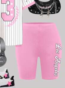 SHEIN Tween Girls' Casual Loose Set: Bowknot & Striped Letter Print Bright Pink Ballerina Graphic Crew Neck Short Sleeve T-Shirt & Shorts, Summer