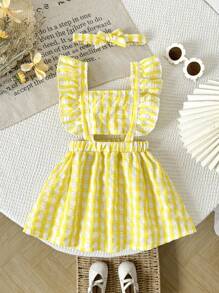 Baby Girl 0-3 Years Cute Checkered Yellow & White Sleeveless Pinafore Dress, Casual Everyday Outfit, Spring/Summer