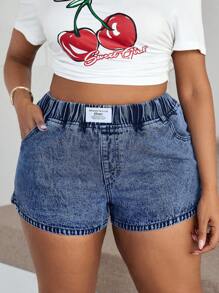 SHEIN ICON Pantaloni scurți casual mulați din denim albastru, mărime plus