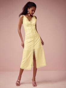 Enchnt 女士纯色吊带裙，夏季时尚 - 黃色 - 查看 6
