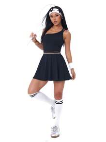 Easithlete Women Solid Color Sleeveless Casual Sports Jumpsuit Dress - Black - View 4