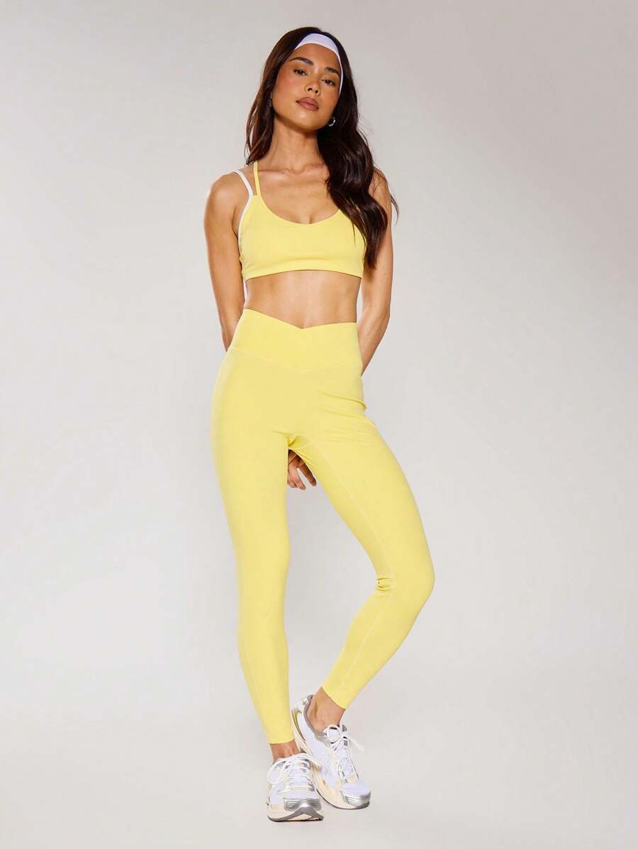 Musera Sport Crossover Waist Fitted Contour Activewear Leggings, Padel, Tennis, Pickleball Gym Fitness - Yellow - View 1