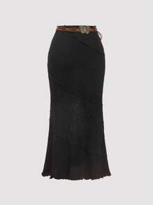 SHEIN MOD Women's Black Patchwork Bohemian Maxi Skirt With Belt Business Casual Woman