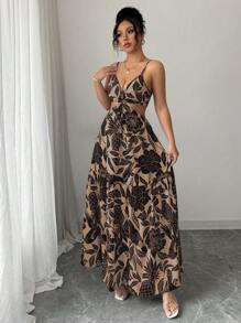 Elenzga 女式印花收腰中长连衣裙，适合度假、通勤和日常穿着 - 摩卡棕 - 查看 3