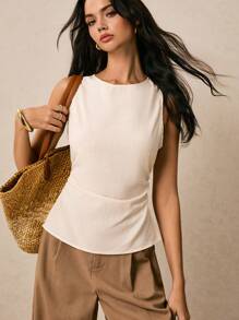 Poéselle Áo vải lanh, thiết kế xẻ tà, đơn giản và thời trang, phong cách cổ điển, áo ba lỗ không tay bó sát tối giản màu trơn mùa hè cho nữ - Màu Khaki - Xem 3