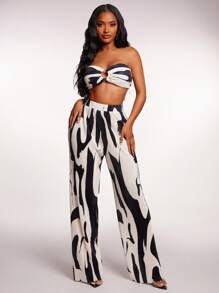 Radiana 2 件套抽象笔触印花褶饰纹理系带抹胸上衣和高腰阔腿裤，休闲度假、约会、街头、通勤、春夏