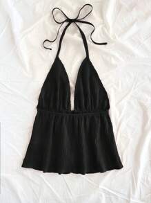 SHEIN PETITE CURVE Top casual in tessuto lavorato con scollo a V, fiocco, e retro aperto, color rosso