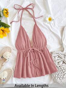 SHEIN PETITE CURVE Débardeur texturé casual à col V avec nœud, dos ouvert, couleur rouge