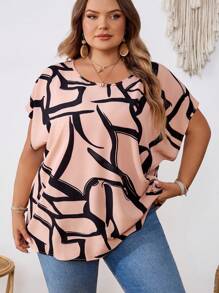 SHEIN CURVE+ 大码女式休闲条纹几何图案宽松圆领衬衫，适合春夏季穿着，可用于海滩度假、海滩休闲、海滩必备、毕业典礼、下午茶聚会、夏季乡村风、海滩度假、海滩/沙滩装等场合。 - 彩色 - 查看 6