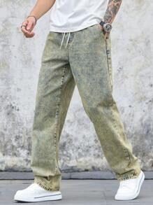 Manfinity Homme Men's Denim Cinched Waist Wide Leg Pants