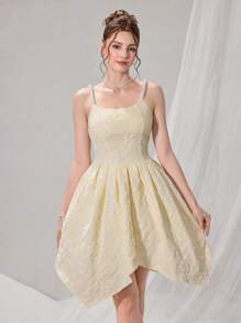 Modelyn French Pearl Strap Asymmetrical Waist Mini Dress, Romantic Style Birthday Party Cocktail Dress - Apricot - View 5