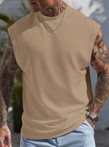 Manfinity CasualCool 男士纯色简约休闲无袖背心 - 卡其色 - 查看 7