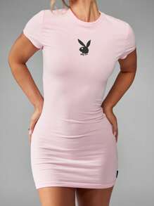 Missguided x Playboy Stretchy Fitted T-Shirt Mini Dress Classic Bunny Logo Short Sleeve Bodycon Athletic Style Casual Summer Spring Basic Essential - Pink - View 6