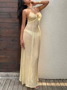 SHEIN Unity Women's Open Back Tie-Up Button Design Cami Maxi Dress - Butter Yellow - View 5