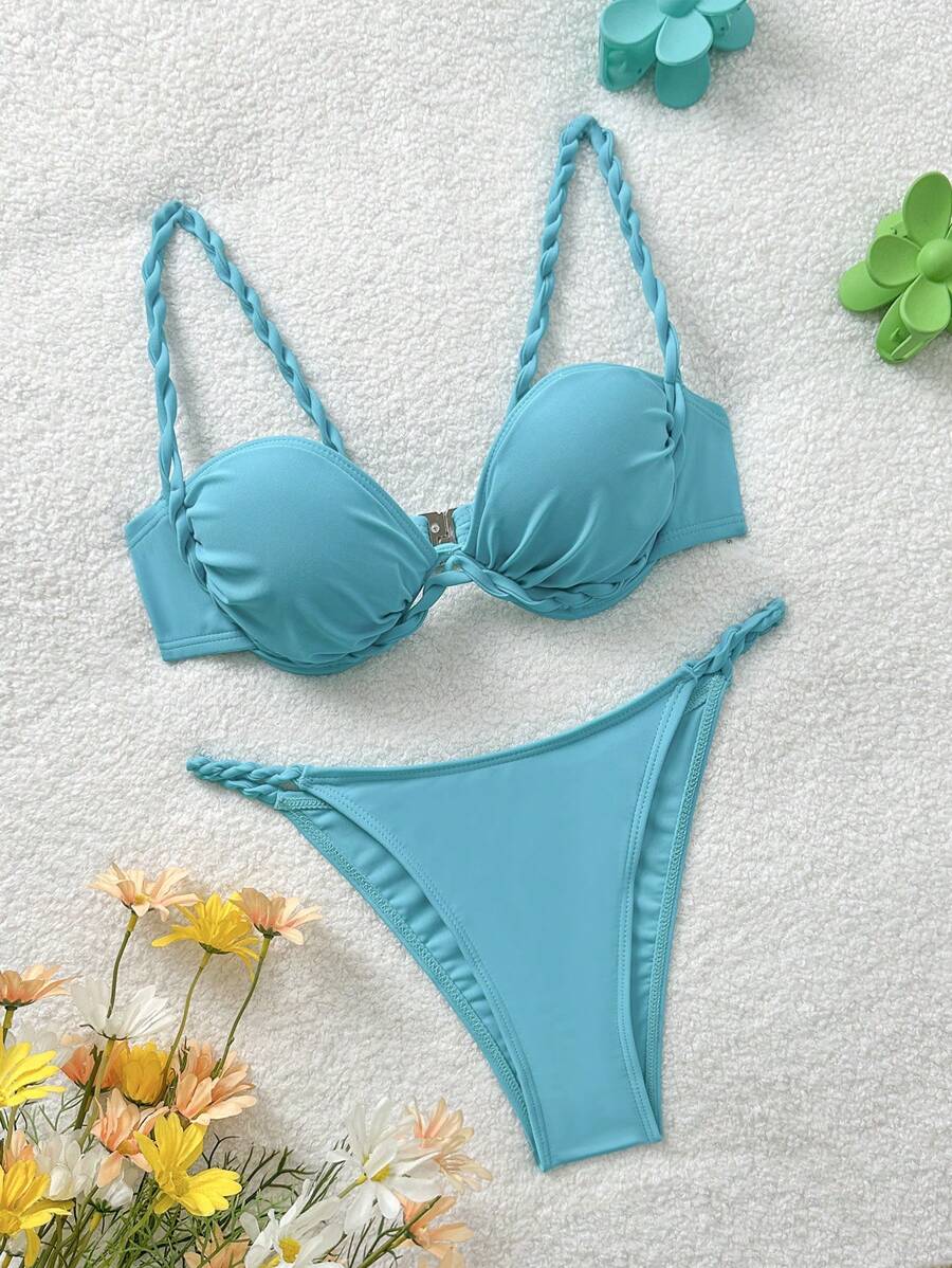 Soleia 军绿色纹理胸杯荷叶边编织拼接比基尼套装，度假装