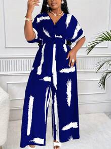 Maweii Plus Size Women Summer Elegant Black & White Contrast Print Criss-Cross V-Neck Short Sleeve Palazzo Jumpsuit - Multicolor - View 7