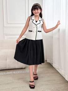 青少年女孩优雅西装领金色装饰纽扣背心上衣和休闲吊带褶边连衣裙套装，适合夏季外出和派对 - 黑色 - 查看 7