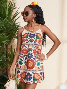 SHEIN Teen Girls V-Neck Casual Colorful Floral Retro Print Strap Mini Dress, Suitable For Spring/Summer, Beach, Holiday, Boho Girl, Beach Vacation Outfits - Multicolor - View 1