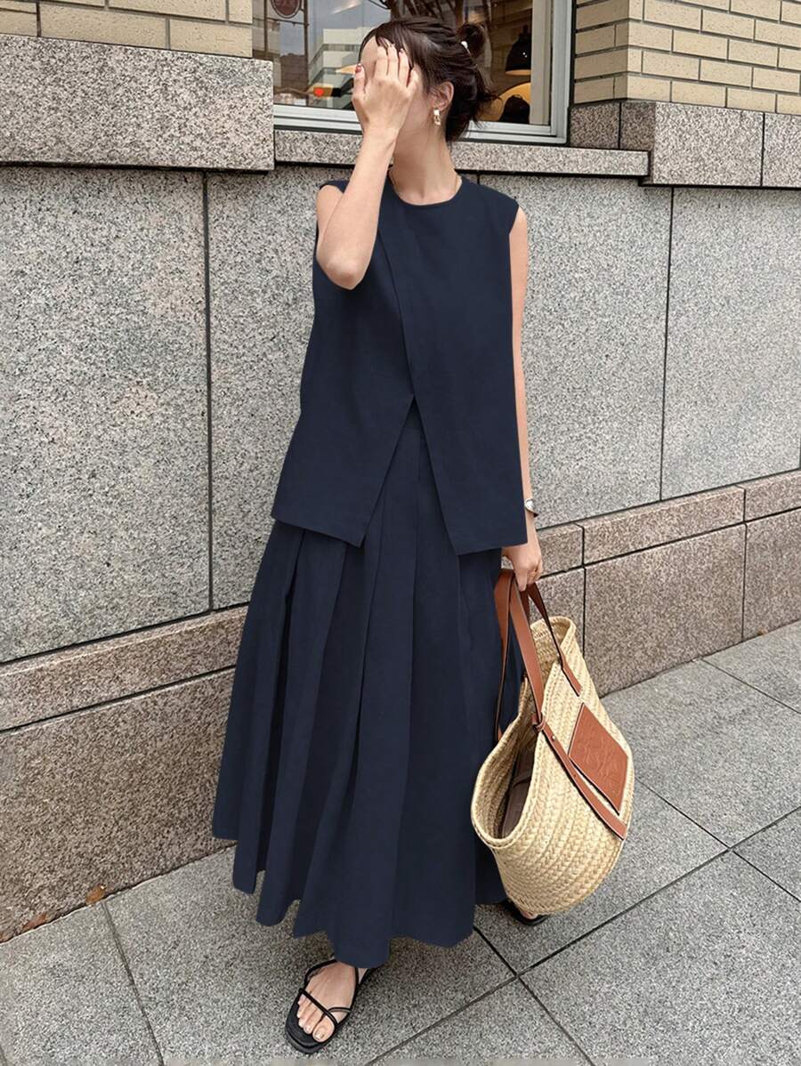 FRIFUL 两件套女士无袖露脐上衣和高腰开衩裙套装，复古亚麻度假风 - 藏蓝色 - 查看 1