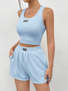 SHEIN EZwear 夏季蓝色针织无袖女式背心套装 - 藍色 - 查看 3