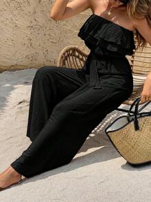 Serisse Women Solid Color Waist Band Strapless Layered Jumpsuit, Sleeveless Black Summer Casual - Black - View 5