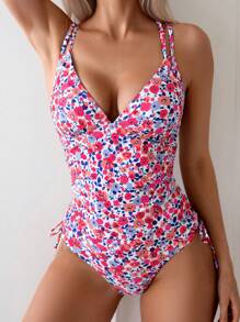 SHEIN Swim 1 pieza Traje de baño de mujer con tirantes de espagueti y estampado floral para vacaciones en la playa, con derechos de autor comprados