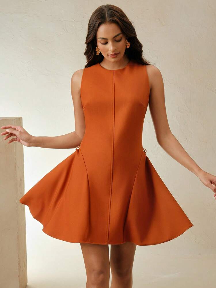 Women Caramel Color Elegant Bubble Sleeveless Orange Dress, Suitable For Summer, Festival, Elegant, Holiday, Vacation, Party, Casual, Wedding Guest