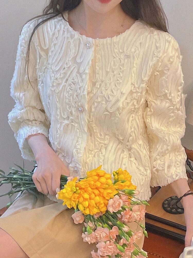 Women's Solid Color Textured Loose 3/4 Sleeve Elegant Holiday Blouse Shirt, Summer