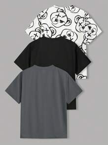 SHEIN Set de 3 camisetas de manga corta de punto holgado con estampado de oso en estilo coreano/japonés para niño preadolescente, 3 colores - Gris - Ver 2