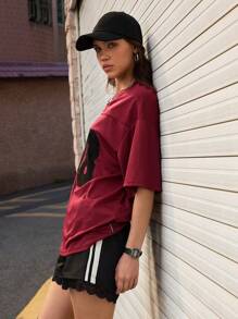 Streetz SHEIN Sport Women's Casual Sport-Inspired Elastic Waist Side Stripe Contrast Contrast Lace Shorts - Black - View 6