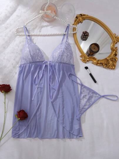 Contrast Kanten Mesh Tie Front Babydoll Lingerie Dress view 5