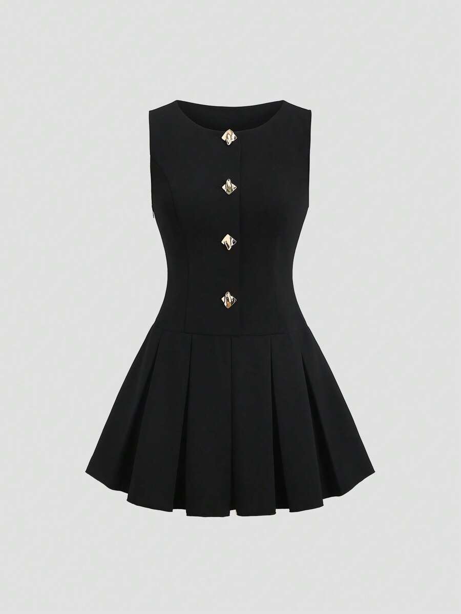 Sweetra 春夏针织皱褶方形金属扣装饰下摆褶皱优雅办公室装女式迷你连衣裙