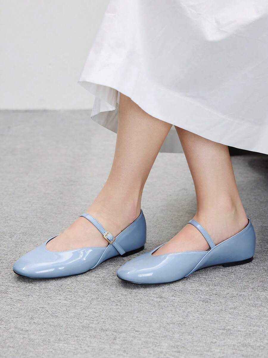 CUCCOO BIZCHIC 女士简约休闲 T 型带玛丽珍平底一脚蹬鞋,百搭日常通勤鞋 - 淺藍色 - 查看 1