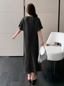 DAZY Plain Crew Neck Ruffle Hem Mid-Length Dress For Women - Black - View 2