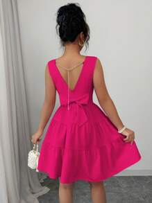 Elenzga Women Plain Round Neck Sleeveless Backside Bow Design Short Dress