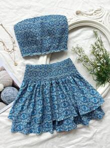 Elamini Petite Bộ đồ hai mảnh áo ba lỗ in hoa không dây và chân váy mini cho nữ, kỳ nghỉ - Nhiều màu - Xem 1