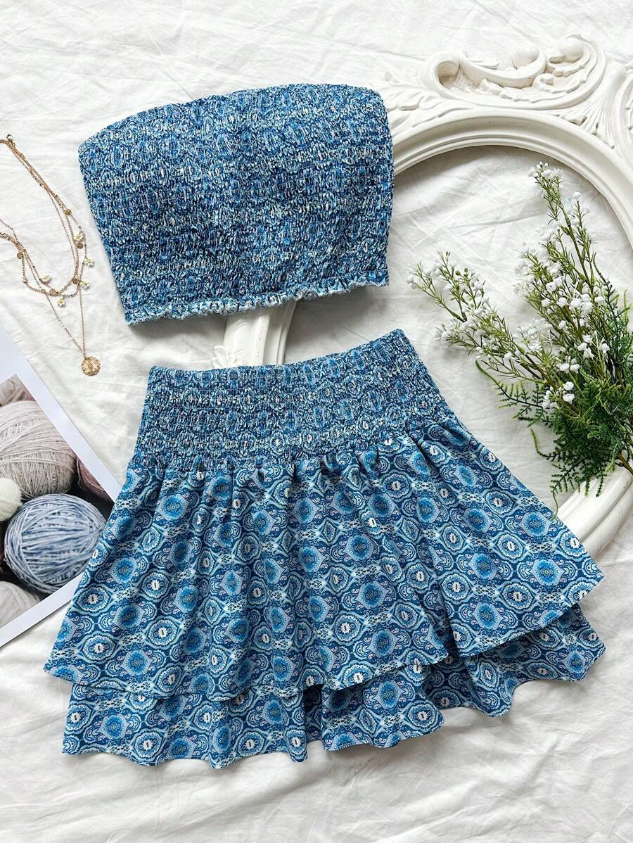 Elamini Petite Bộ đồ hai mảnh áo ba lỗ in hoa không dây và chân váy mini cho nữ, kỳ nghỉ - Nhiều màu - Xem 1