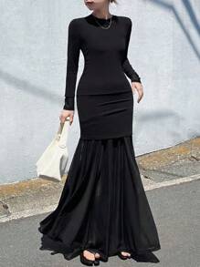 FRIFUL Women's Long Mesh Patchwork Dress, Slim Waist Flowy Solid Color, Suitable For Holiday, Graduation, Vacation,Fall Dress - Black - View 2