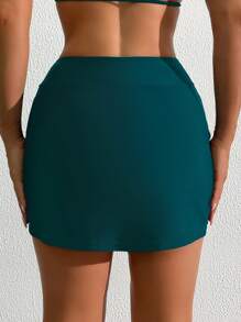 Swim Lushoire Beach For Women, Solid Color Beach Side Slit Elegant Culottes, Stylish Swimwear & Swim Shorts For Summer Beach Vacation - Teal Blue - View 2