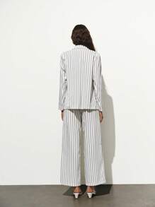 Lumivelle Ensemble de 2 pièces femme, blazer casual noir et blanc rayé et pantalon large