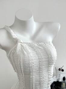 Chiquease Top ajustado sin mangas con un solo hombro, fruncido y textura de unicolor para mujer - Blanco - Ver 4