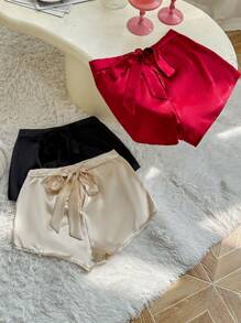 SilkySpell Set de 3 piezas de pantalones de pijama de satén con decoración de lazo en la parte trasera