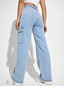 SHEIN EZwear 大码女式休闲直筒牛仔裤，带工装口袋，浅蓝色牛仔长裤