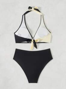 SHEIN Swim Women's Summer Beach Cross Wrap Front Two-Tone Halter Split Bikini Set - Multicolor - View 2