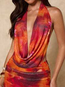 SHEIN BAE Summer Women's Halter Backless Sexy Tiger Lily Floral Print Mini Dress, Suitable For Party, Vacation, Event, Night Out, Romantic Date - Multicolor - View 6