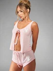 Missguided x Playboy 圣诞罗纹系带背心和短裤家居服套装 - 粉色 - 查看 6