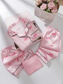 4 件套女童睡衣套装，带条纹、蝴蝶结装饰、吊带背心、短裤，粉色面料，休闲睡衣